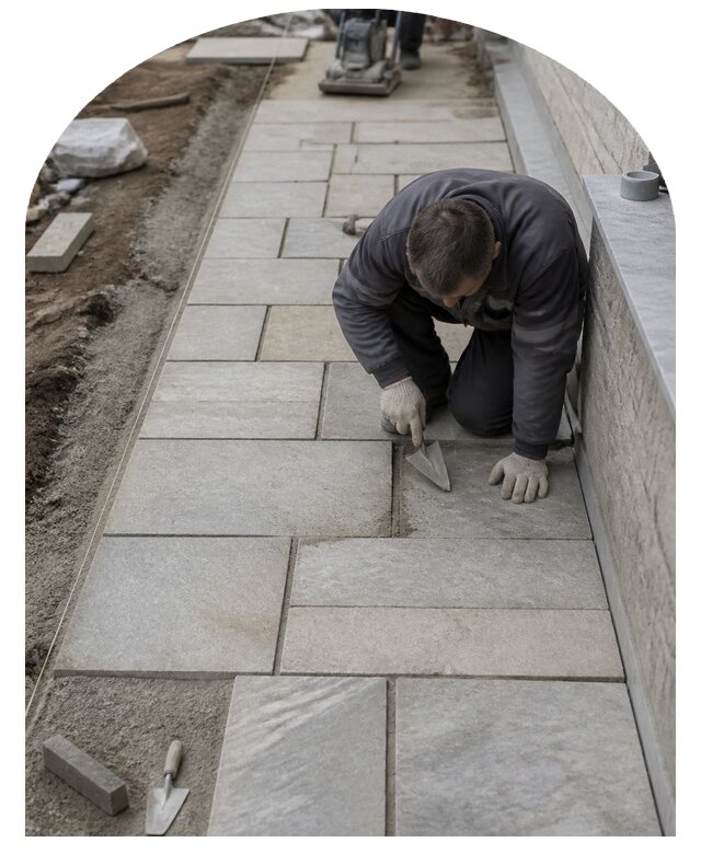 Мощение дорожек и площадок пиленым камнем в Мирном